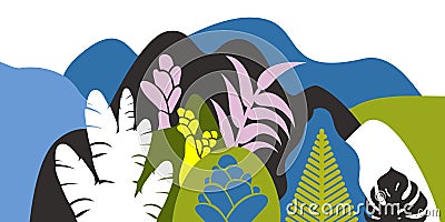 Mountain hilly landscape with tropical plants and trees, palms, succulents. Scandinavian style. Environmental protection, ecology. Vector Illustration