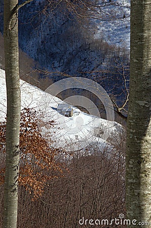 Mountain house in the snow between trees Stock Photo