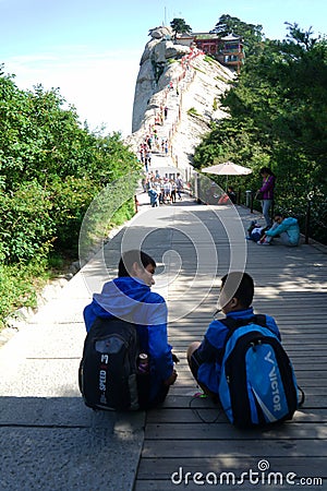 Mountain Huashan West Peak and Tourists Editorial Stock Photo