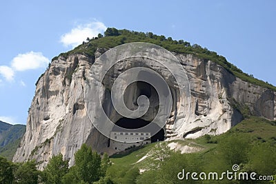 mountain with huge cave-in, showing the interior of the mountain and its geological structure Stock Photo