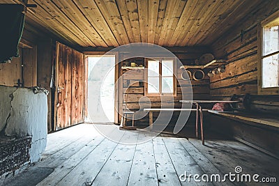 Mountain hut in Austria: rustic wooden interior Stock Photo
