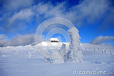 Mountain hut on the top of Szrenica in Poland. Stock Photo