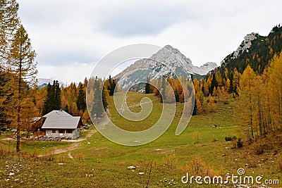 Mountain hut at Zelenica with VrtaÄa mountain behind Stock Photo