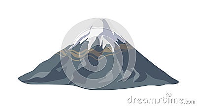 Mountain with ice or snow on top of it and rocky slope isolated on white background. Landform or natural landmark for Vector Illustration