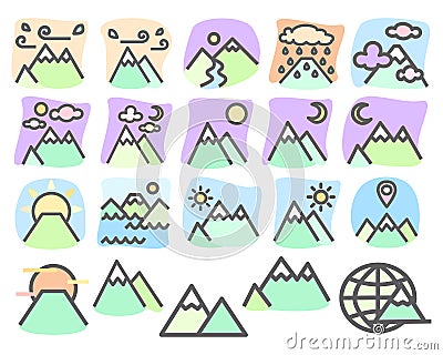 pastel mountain flat icon set Vector Illustration