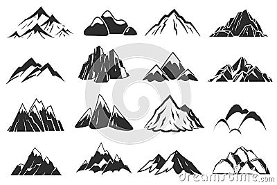 Mountain icons. Mountains top silhouette shapes, snow rocky range. Outdoor landscape hill peaks symbols vector set Vector Illustration