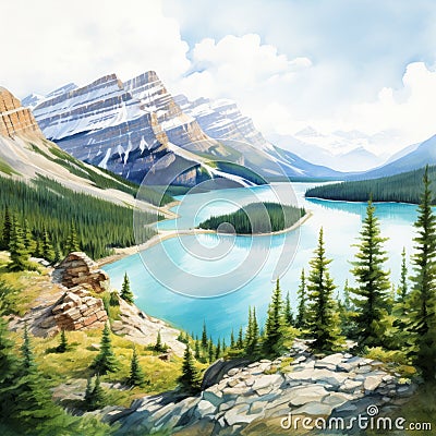 Mountain Lake: A Detailed Digital Painting Of A Canadian Landscape Cartoon Illustration
