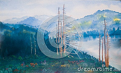 Mountain Lake Landscape - Original Watercolor Painting Stock Photo