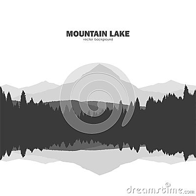 Mountain Lake landscape silhouette with pine forest and reflection Vector Illustration