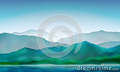 Mountain lake peaceful landscape, misty calm natural background. Blue mountain hills landscape. Vector illustration Vector Illustration