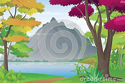 Mountain and Lake Scenery, Nature Panorama In Lakeside Vector Illustration