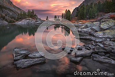 Mountain Lake Sunset Coast With Pine Forest And Rocks, Altai Mountains Highland Nature Autumn Landscape Photo Stock Photo