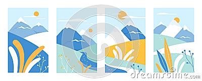 Mountain landscape, abstract nature set, cartoon geometric mountainous minimalist scenery Vector Illustration