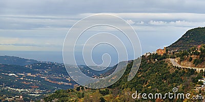 Mountain landscape in altitude in Lebanon Annaya with an open view on the mediterranee in a far end Stock Photo