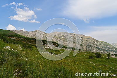 Mountain landscape in altitude in Lebanon green meadow and desertic summit Stock Photo