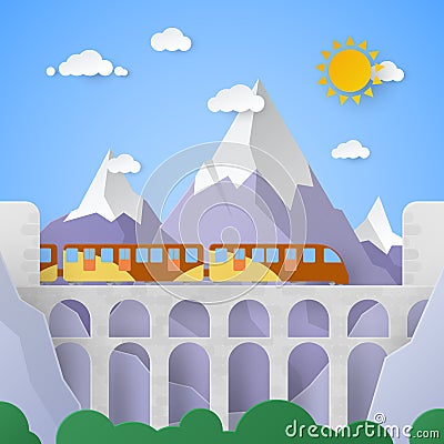 Mountain Landscape with Aqueduct and Railway Vector Illustration