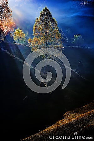 mountain landscape with autumn morning fog at sunrise - Fundatura Ponorului, Romania Stock Photo