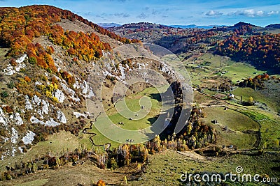 mountain landscape in autumn morning - Fundatura Ponorului, Romania - aerial view Stock Photo