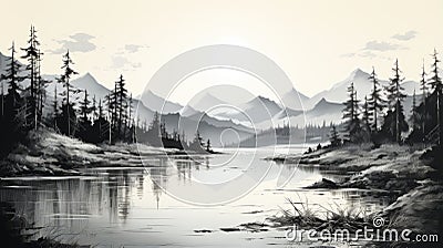 Monochrome Mountain And River Illustration: Romantic Scenery In Cryengine Style Stock Photo