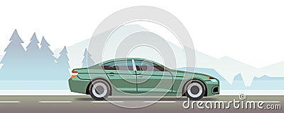 Mountain landscape with car riding. Fast travel concept Vector Illustration