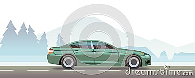 Mountain landscape with car riding. Fast travel concept Cartoon Illustration