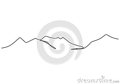 Mountain landscape continuous one line vector drawing. Beautiful view with mountains and fresh air. Nature, rock panoramic sketch Vector Illustration