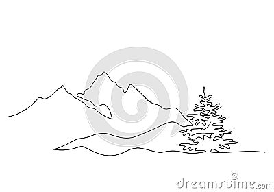 Mountain landscape, drawn in one line. Continuous line. Travels. Minimalistic graphics. Mountains and spruce. Vector Illustration