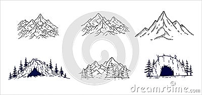 Mountain landscape. Fantasy Sketch peak, engraving nature rock illustration. Set of natural cartoon cliff. Vector Illustration