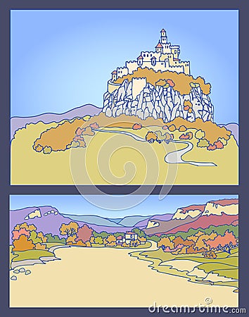 Mountain landscape with fortress on a cliff. Sketch, hand drawn Vector Illustration