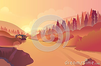 Mountain landscape with grass and huge lake. Wild nature at sunset. Vector illustration. Vector Illustration