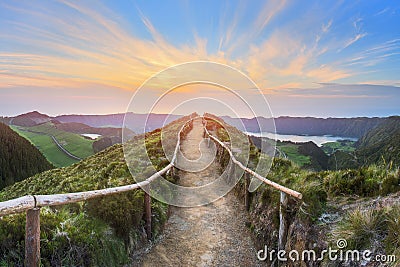 Mountain landscape with hiking trail and view of beautiful lakes, Ponta Delgada, Sao Miguel Island, Azores, Portugal Stock Photo