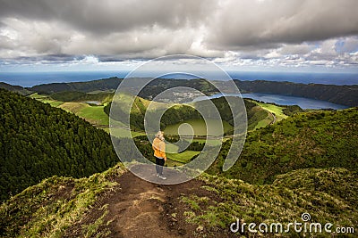 Mountain landscape with hiking trail and view of beautiful lakes, Ponta Delgada, Sao Miguel Island Stock Photo