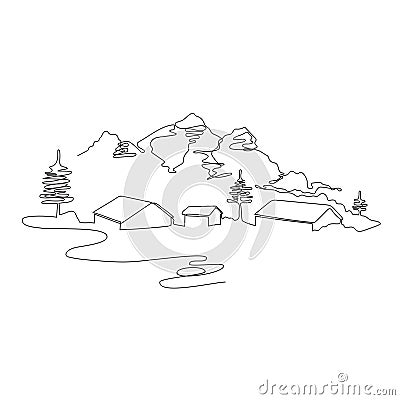 Mountain landscape with houses drawn in one line. Continuous line. Vector Illustration