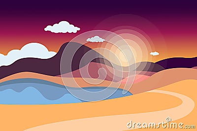 Mountain landscape with a lake and a road. Sky with clouds. Summer nature. Travel outdoor activities outdoor sports, vacation. Vector Illustration