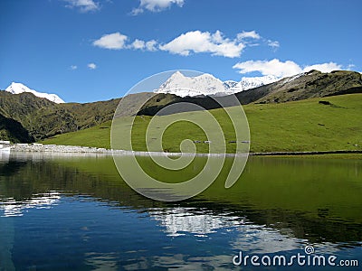 Mountain landscape , lake and Trishul mountain range , large panoroma , Roopkund Stock Photo