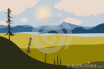 Mountain landscape with lakes. Trees in the foreground. Coniferous forest. Sky with clouds. Summer, spring nature. Vector Illustration