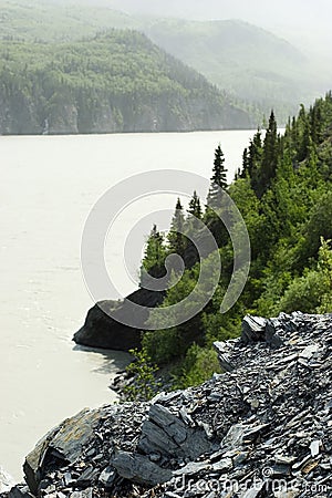 Mountain landscape with landslide in foreground Stock Photo