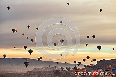 Mountain landscape with large balloons in a short summer season Stock Photo