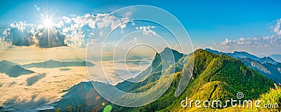 Mountain landscape nature summer or spring background with sun r Stock Photo