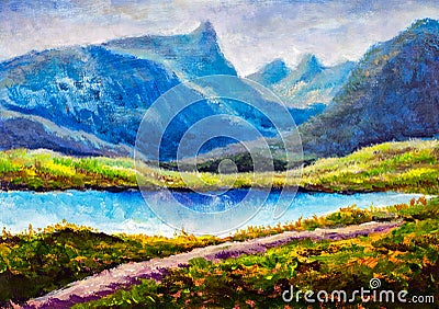 Mountain landscape Original modern oil painting - Beautiful lake in mountains Cartoon Illustration