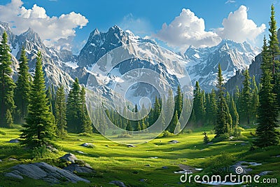 Mountain Landscape Painting With Green Grass and Trees, A Broad alpine meadow with towering pine trees and distant snowy peaks as Stock Photo