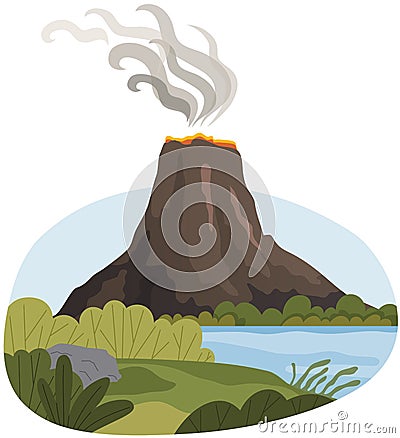 View of dormant volcano. Beautiful scenery of nature. Tourist place with volcanic landscape Vector Illustration