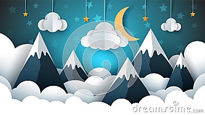 Mountain landscape paper illustration. Cloud, star, moon, sky. Vector Illustration