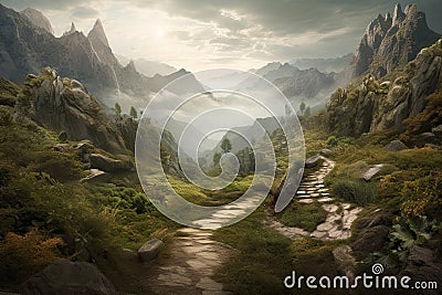 Mountain landscape with a path leading to the misty valley. Generative AI Stock Photo