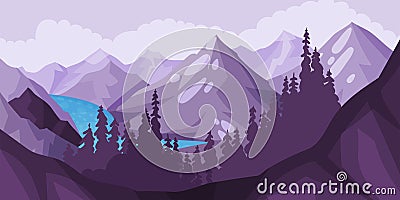 Mountain Landscape with Peaks, High Trees and Flashy River Vector Illustration Vector Illustration