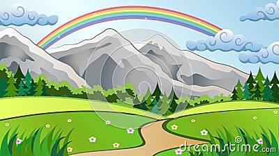 Mountain Landscape with Rainbow Vector Illustration