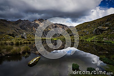 Mountain landscape reflected in lake water surface in the Cordillera Blanca, Huaraz Stock Photo