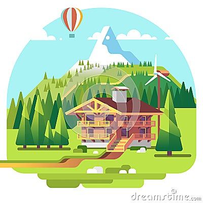 Ski resort mountain landscape with lodge and spruce trees on background. Summer vacation. Flat vector illustration. Vector Illustration