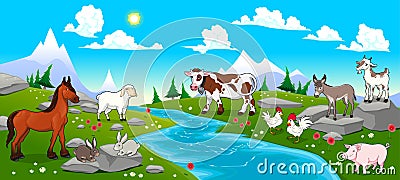 Mountain landscape with river and animals Vector Illustration