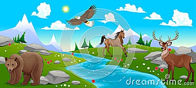 Mountain landscape with river and animals Vector Illustration